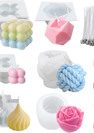 6Pcs Silicone Candle Molds Set for Candle Making, Yarn Ball Bubble Candle Mold, 3D Rose Silicone Mold, Cake Mold for Baking Desser, Silicone Mold for Soy Wax, Soap, DIY Scented Candle