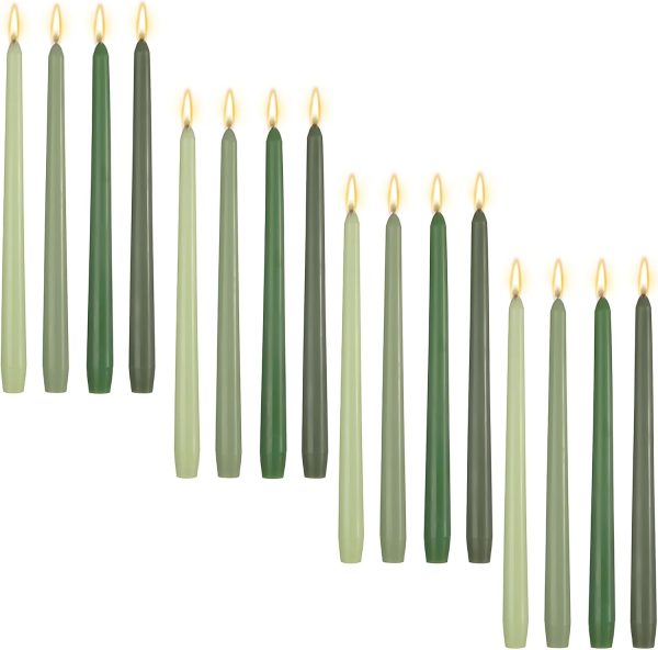 16 Pcs 10 Inch Long Tapered Candle Stick Bulk Smokeless Unscented Burning Candlestick Paraffin Wax with Cotton Wick for Dinner Valentine Wedding Party Church (Gradient Green)