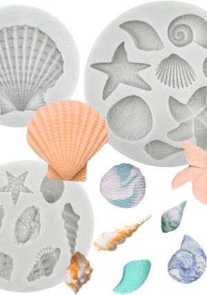 3 PCS Marine Theme Cake Fondant Silicone Mold Seashell Conch Starfish Coral Baking Molds for DIY Cake Decoration Chocolate Candy Polymer Clay Crafting Projects