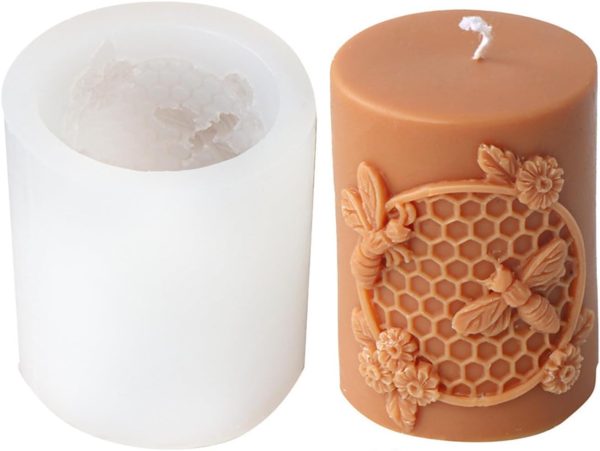 Bee Honeycomb Flower Cylinder Candle Mold, Honeybee Beehive Pillar Silicone Mold for Beeswax Candle, Soy Wax Candle, Plaster Ornament, DIY Crafts (E)