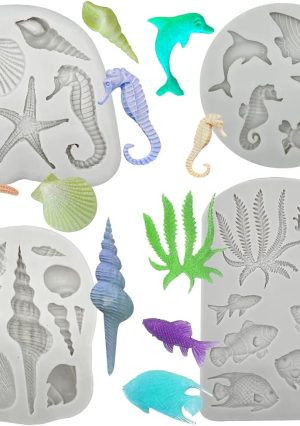 4PCS Marine Theme Fondant Silicone Mold Seaweed Sea Fish Crab Coral Conch Sea Shells Shape DIY Handmade Baking Tools