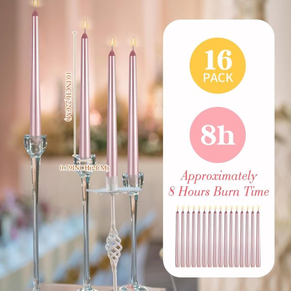 10 Inch Long Tapered Candle Stick Bulk Smokeless Unscented Burning Candlestick Paraffin Wax with Cotton Wick for Dinner Valentine Wedding Party Church (Rose Gold,16)