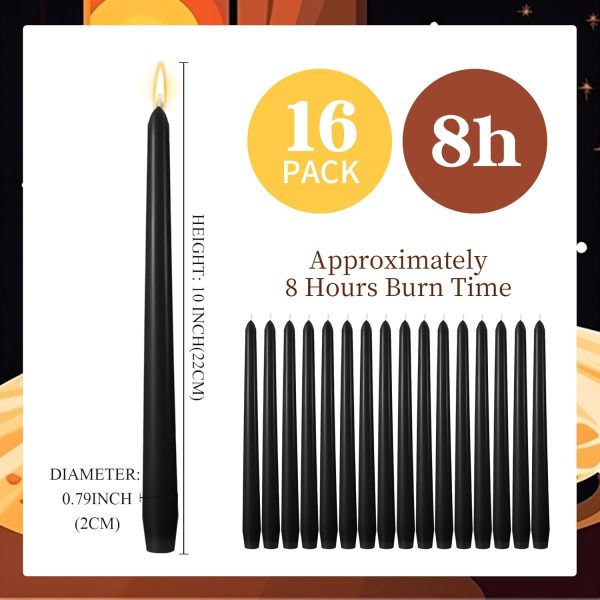 10 Inch Long Tapered Candle Stick Bulk Smokeless Unscented Burning Candlestick Paraffin Wax with Cotton Wick for Dinner Valentine Wedding Party Church(Black,16)