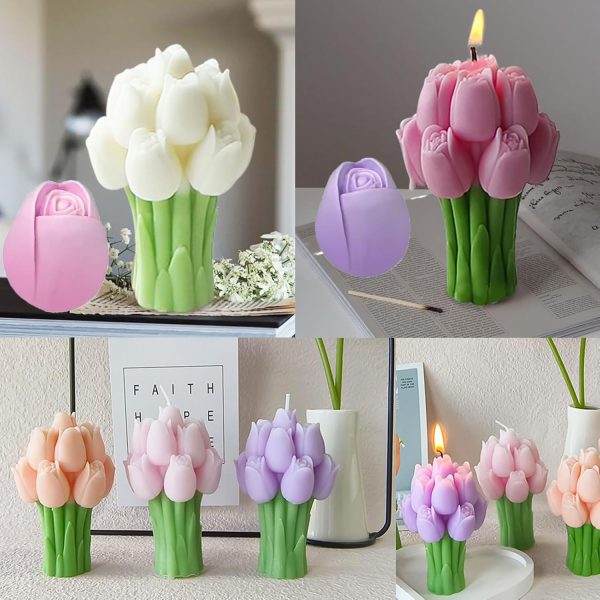 2 Pcs Tulip Bouquet Silicone Candle Molds Tulip Flower Candle Mold with Mold Punch&candlewick Hook Needle for Candle Making Handmade Plaster Craft Soap Making Home Decorating Ornaments