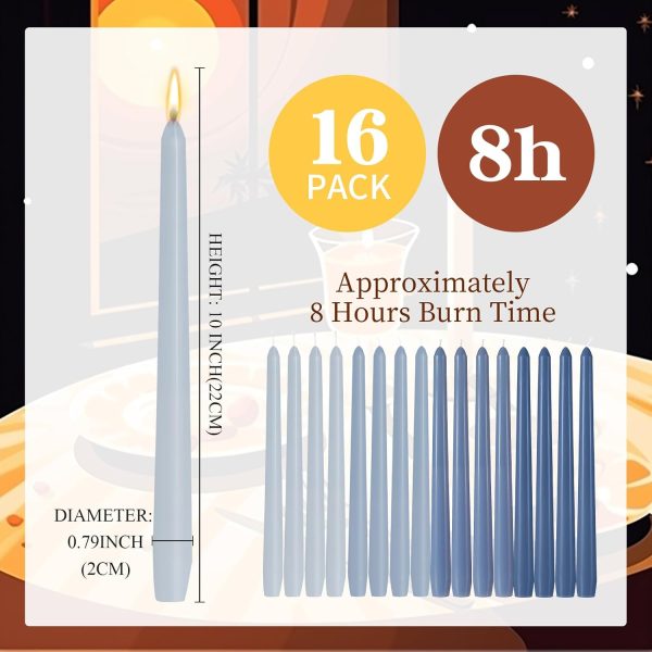 16 Pcs 10 Inch Long Tapered Candle Stick Bulk Smokeless Unscented Burning Candlestick Paraffin Wax with Cotton Wick for Dinner Valentine Wedding Party Church (Gradient Blue)