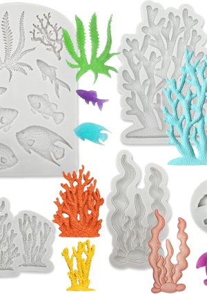 5 PCS Marine Theme Fondant Silicone Mold Seaweed Sea Fish Coral Sea Turtle Shape DIY Handmade Baking Tools, For Theme Cake Cookie Chocolate Candy Decoration Fondant Polymer Clay