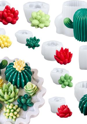 Succulent Wax Molds for Candle Making 10 Pack 3D Cacti Silicone Candle Mold Handmade Cactus Flower Plant Decorate Cement Resin Casting Soap Ornament Craft Mold Chocolate Cake Fondant Moulds Home Decor