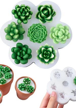 Succulent Candle Molds for Candle Making 7 Cavity 3D Succulents Silicone Wax Mold DIY Handmade Cactus Plant Flower Art Craft Mould Epoxy Resin Casting Soap Cement Concrete Ornament Moulds Home Decor