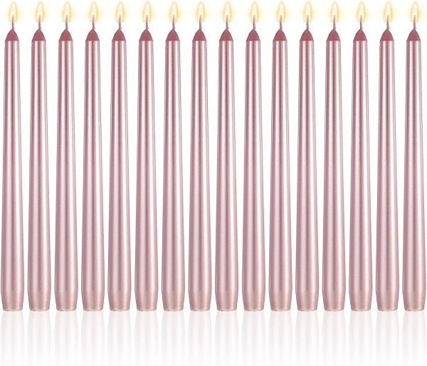 10 Inch Long Tapered Candle Stick Bulk Smokeless Unscented Burning Candlestick Paraffin Wax with Cotton Wick for Dinner Valentine Wedding Party Church (Rose Gold,16)