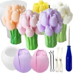 2 Pcs Tulip Bouquet Silicone Candle Molds Tulip Flower Candle Mold with Mold Punch&candlewick Hook Needle for Candle Making Handmade Plaster Craft Soap Making Home Decorating Ornaments