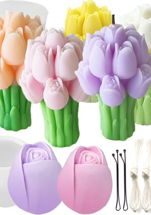 2 Pcs Tulip Bouquet Silicone Candle Molds Tulip Flower Candle Mold with Mold Punch&candlewick Hook Needle for Candle Making Handmade Plaster Craft Soap Making Home Decorating Ornaments