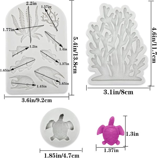 5 PCS Marine Theme Fondant Silicone Mold Seaweed Sea Fish Coral Sea Turtle Shape DIY Handmade Baking Tools, For Theme Cake Cookie Chocolate Candy Decoration Fondant Polymer Clay